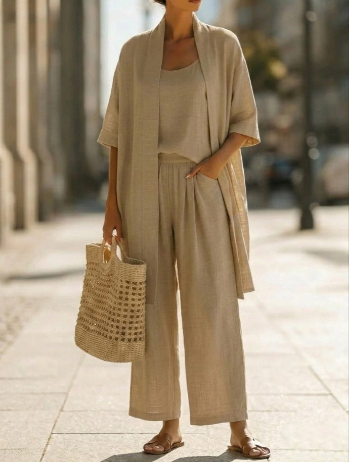 Women's Cotton-Linen Three-Piece Cardigan Set