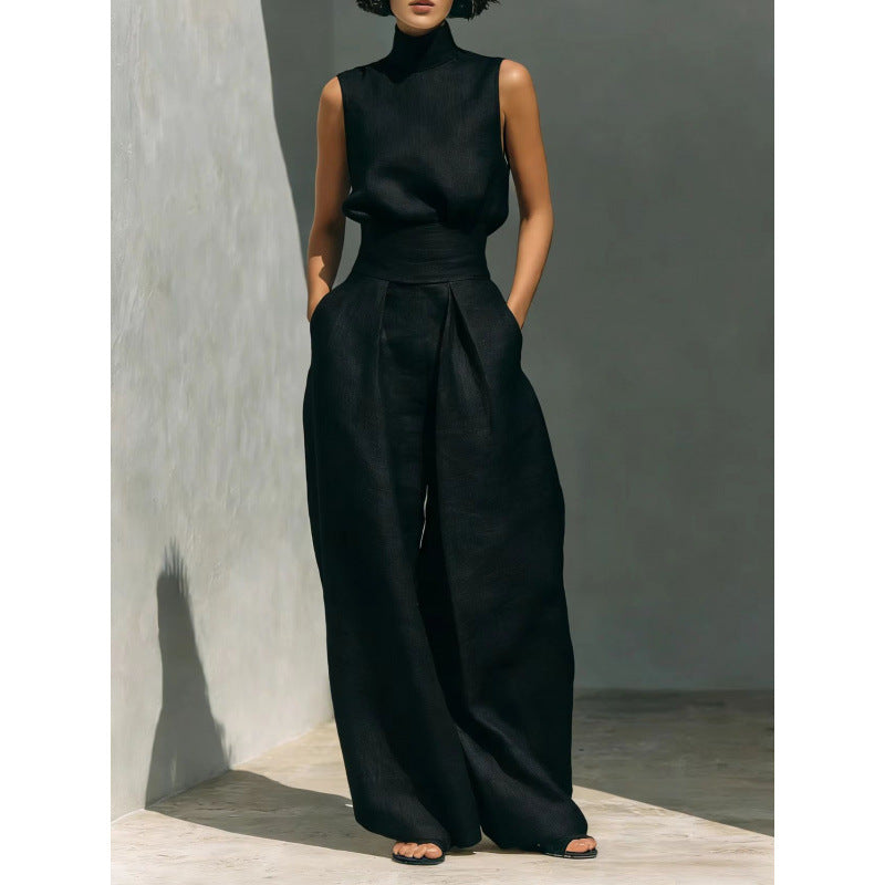 Women's Sleeveless High-Collar Cotton Linen Vest and Wide-Leg Pants Set