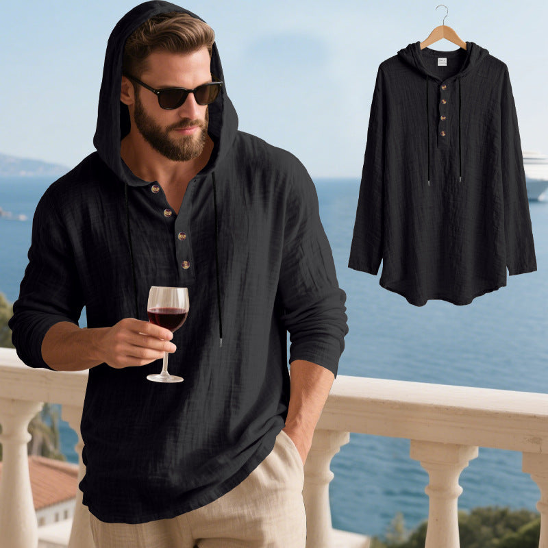 Men's Linen-Blend Hooded Henley Shirt