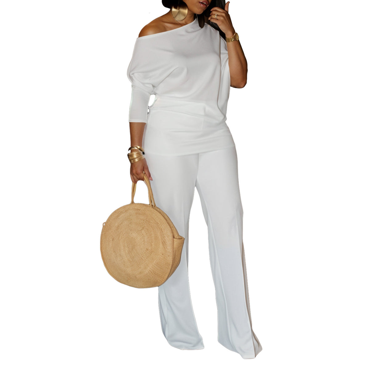 Women's Asymmetrical Neck Top and Wide-Leg Pants Set