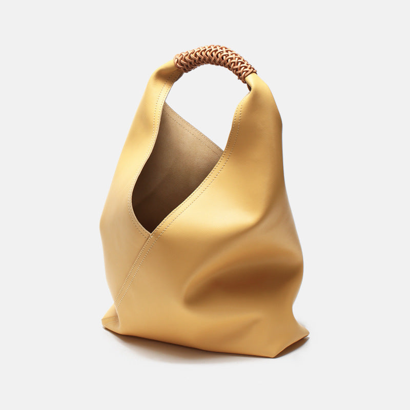 Genuine Leather Woven Bucket Bag in Yellow