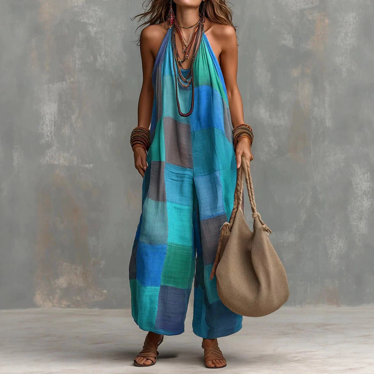 Women's Plaid Wide-Leg Sleeveless Jumpsuit in Blue