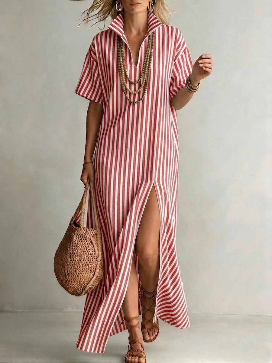 Women's Striped V-Neck Summer Shirt Dress