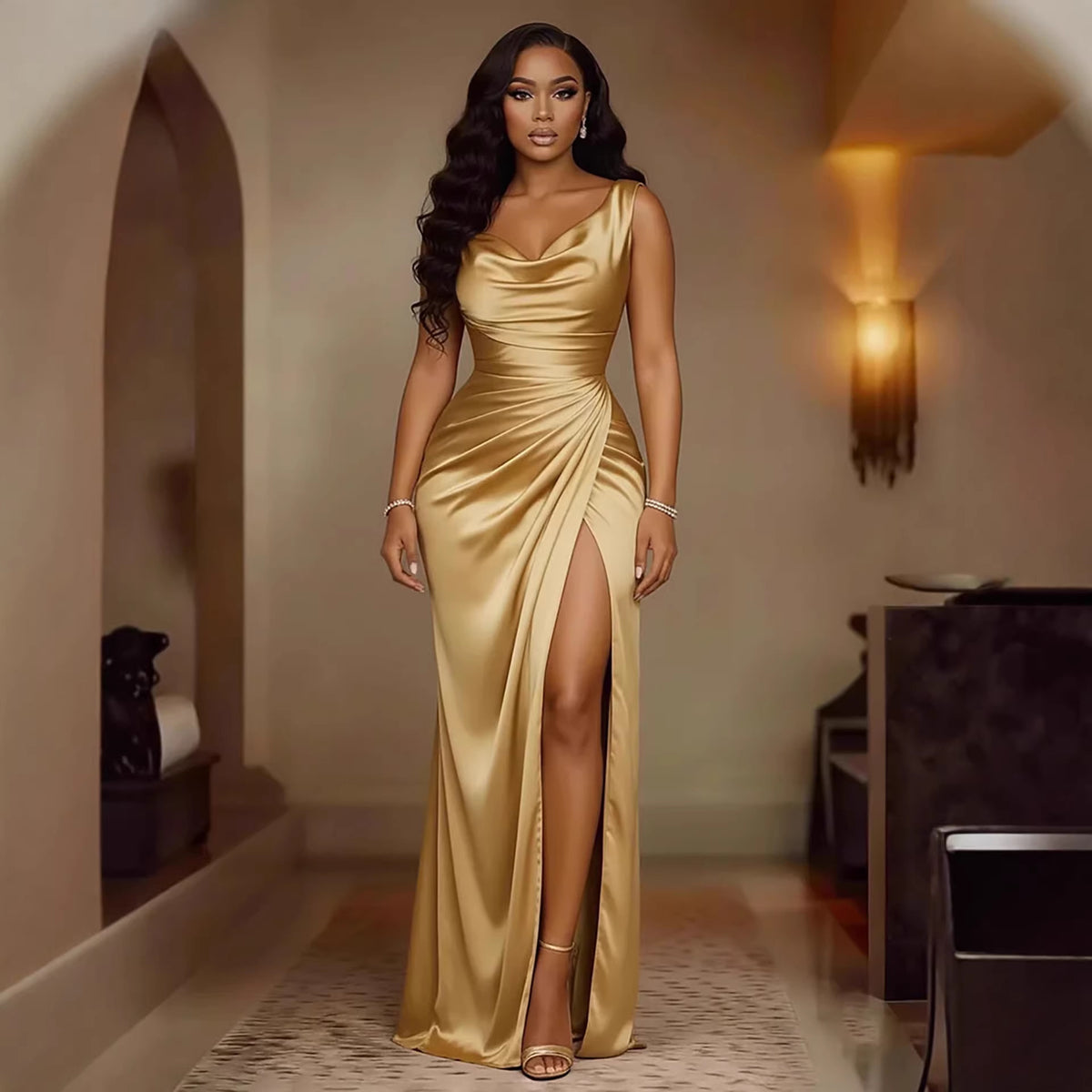 Women's Sleeveless Satin Dress with Hem Slit