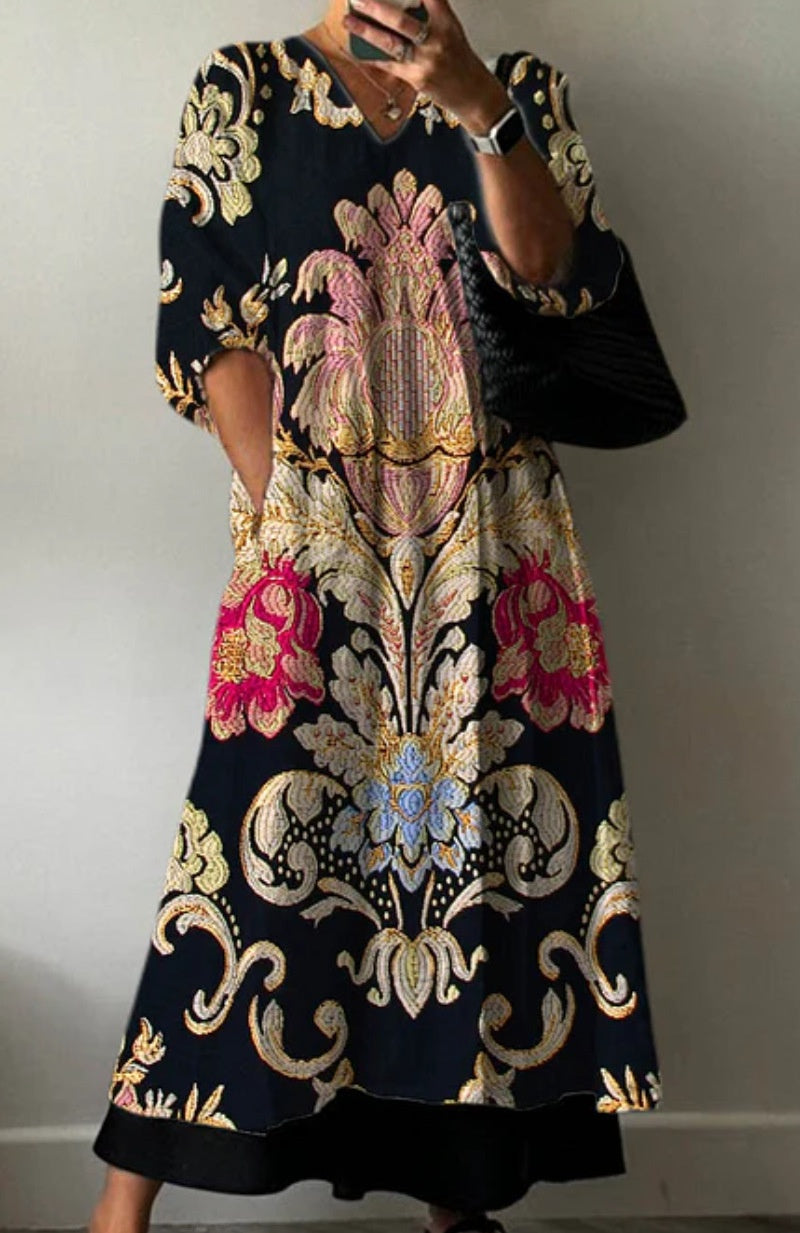 Women's Loose V Neck Long Sleeve Print Dress