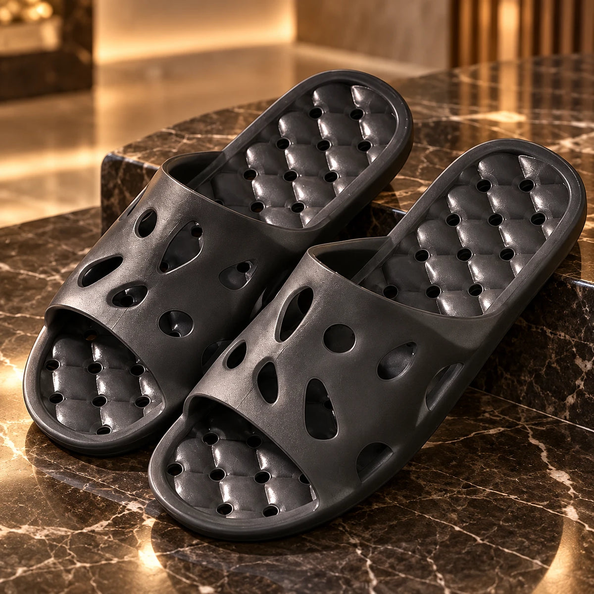 Black perforated quick-dry bathroom slide slippers