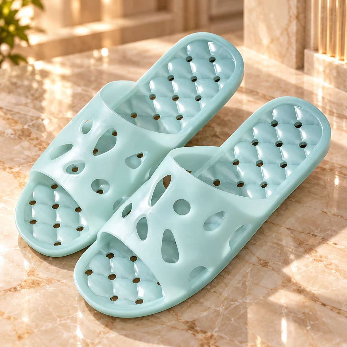Light blue perforated quick-dry bathroom slide slippers