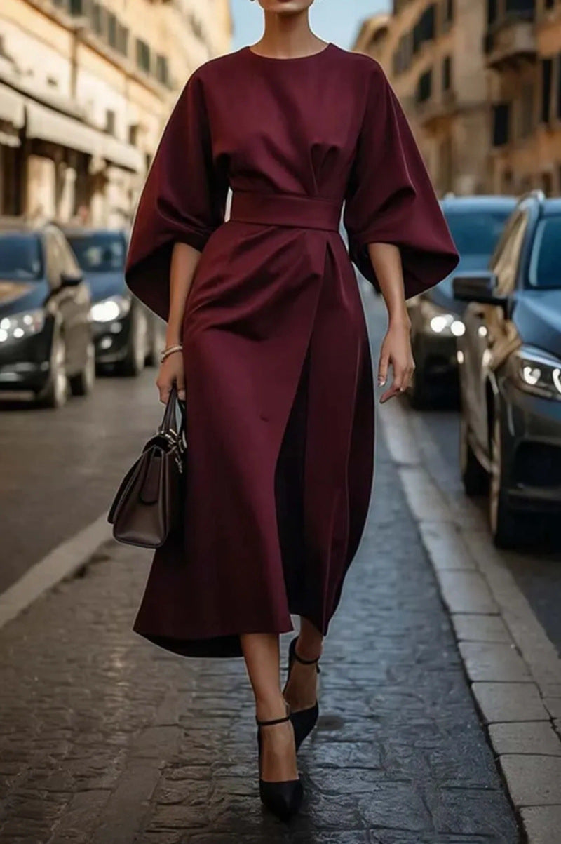 Women's Elegant Solid Color Waist-Cinching Batwing Sleeve Long Dress