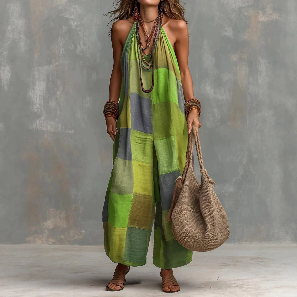 Women's Plaid Wide-Leg Sleeveless Jumpsuit in Green