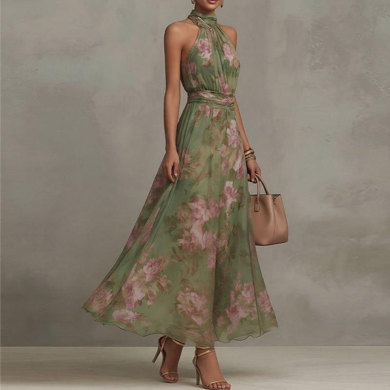 Women's Elegant Print Halter Neck Waist-Cinching Dress