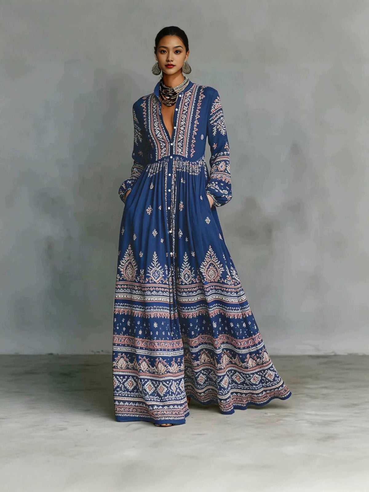 Women's Ethnic Print Long Sleeve Dress with Pockets