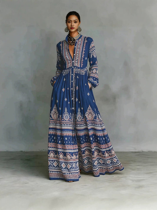 Women's Ethnic Print Long Sleeve Dress with Pockets