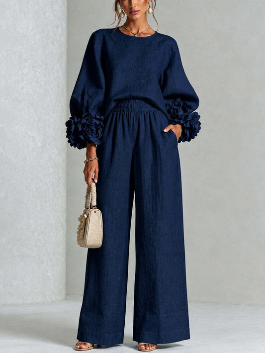 Women's Lantern Sleeve Top and Wide-Leg Pants Set with Ruffled Cuffs