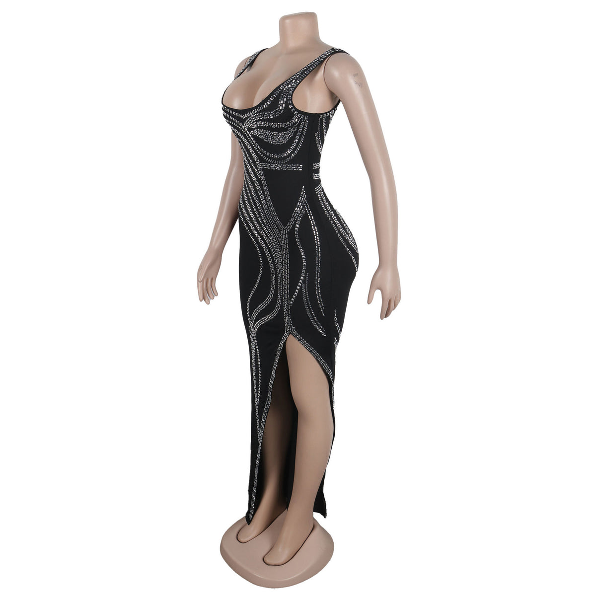 Women's Diamond Detail Slit Elastic Bodycon Dress