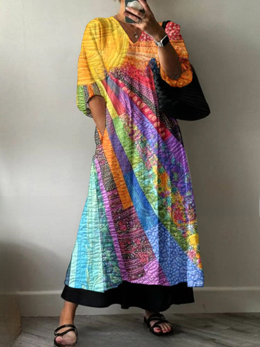 Women's Loose V Neck Long Sleeve Print Dress