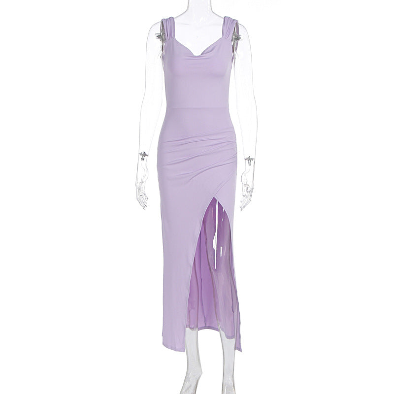 Women's Sleeveless Backless Lace-Up Dress with Side Slit