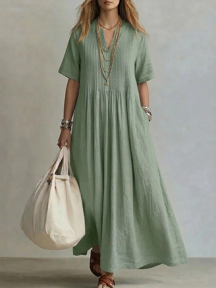 V-Neck Pleated Cotton Linen Dress
