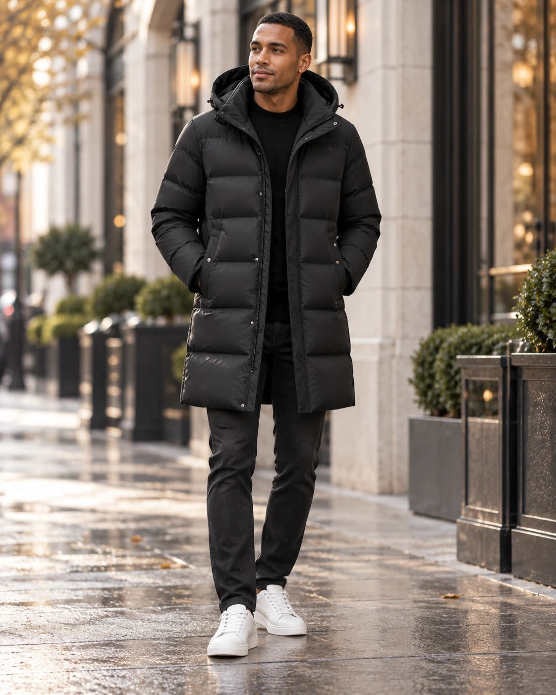 Men's down jacket in black, worn by a model