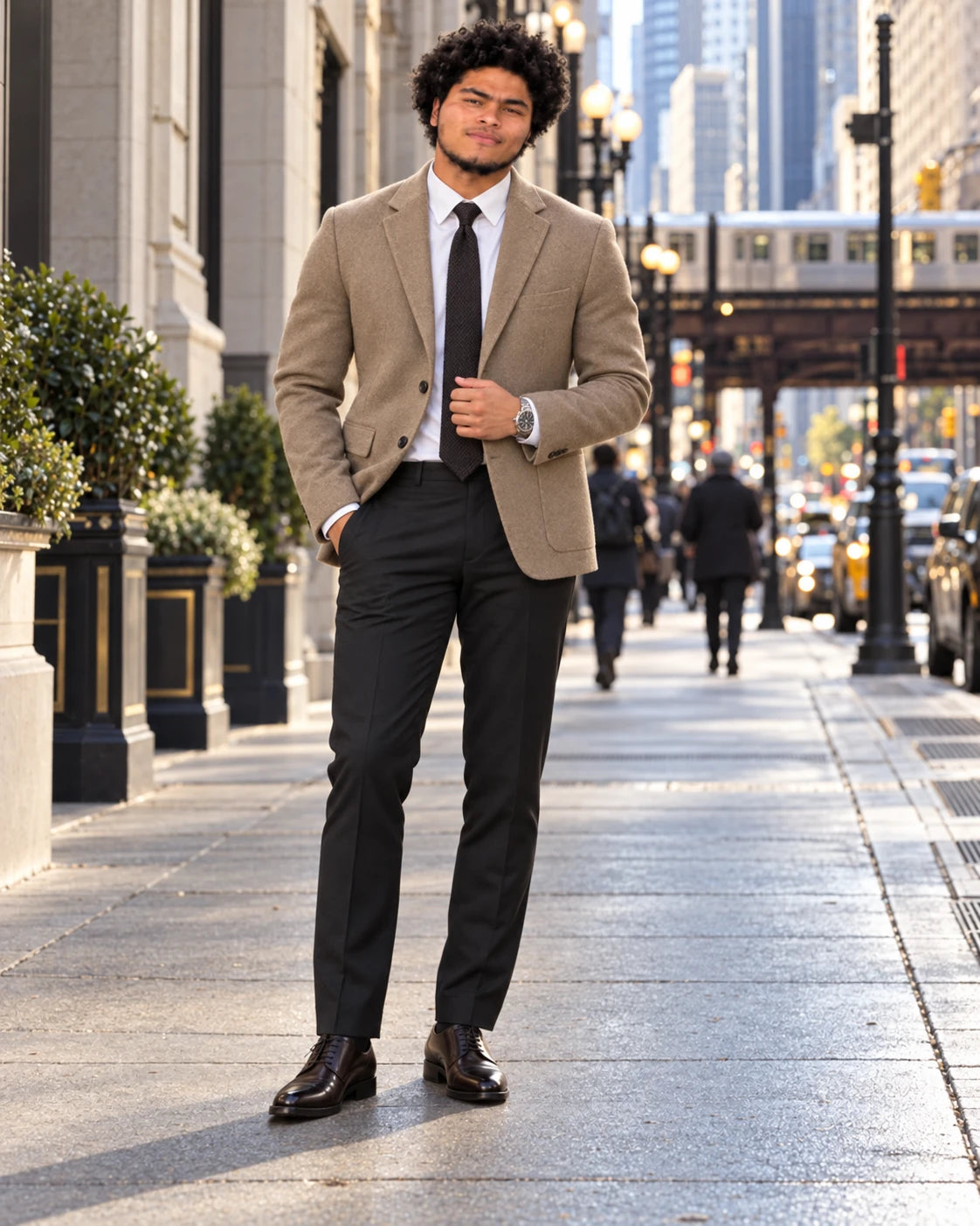 Coffee brown pure wool double-sided blazer with dark tie and trousers