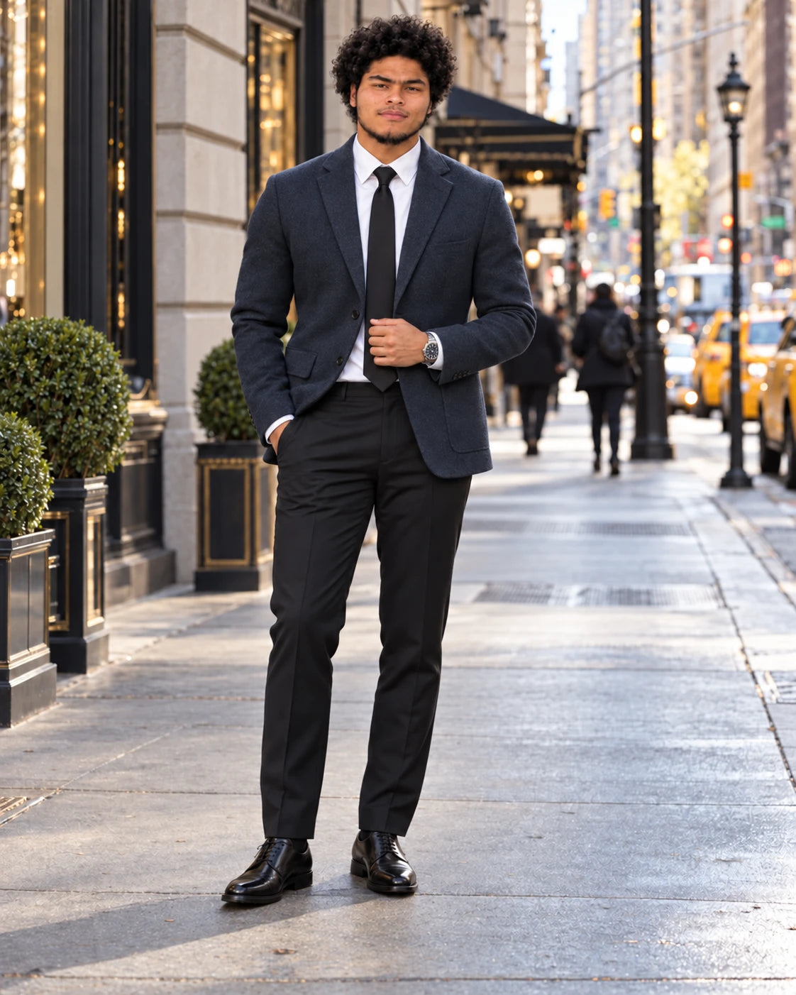 Gray blue pure wool double-sided blazer with black tie and trousers