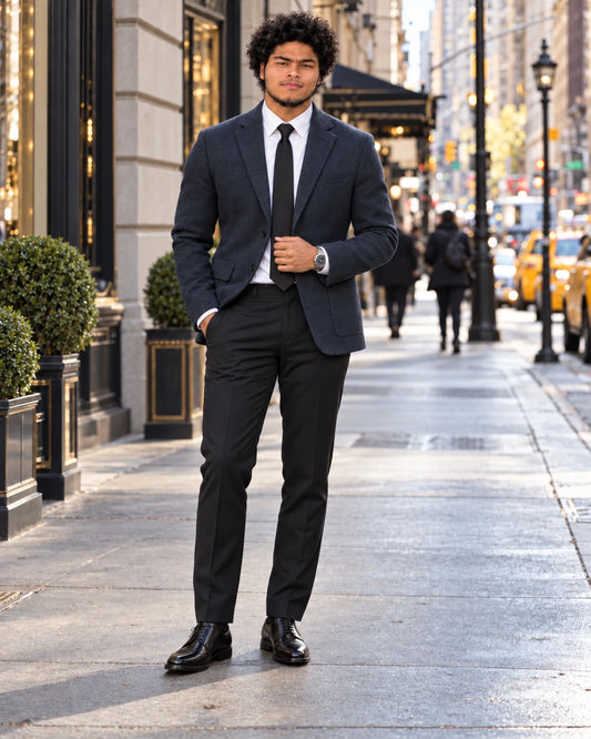 Gray blue pure wool double-sided blazer with black tie and trousers