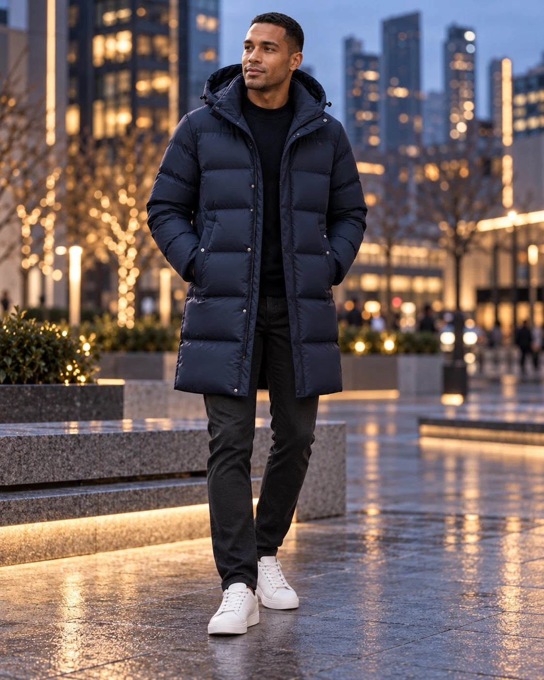 Men's down jacket in blue, worn by a model