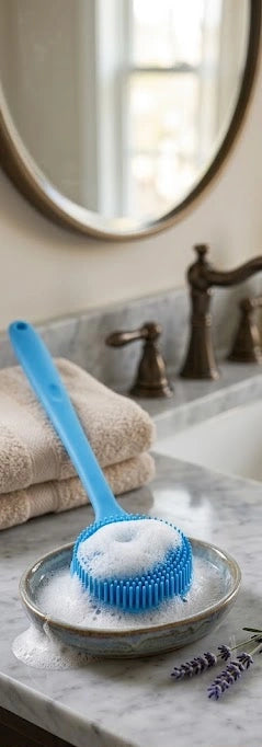 Blue silicone massage bath brush with soap suds on a marble bathroom counter