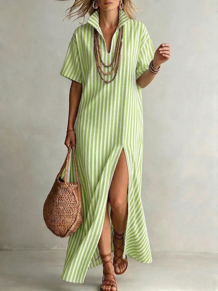 Women's Striped V-Neck Summer Shirt Dress