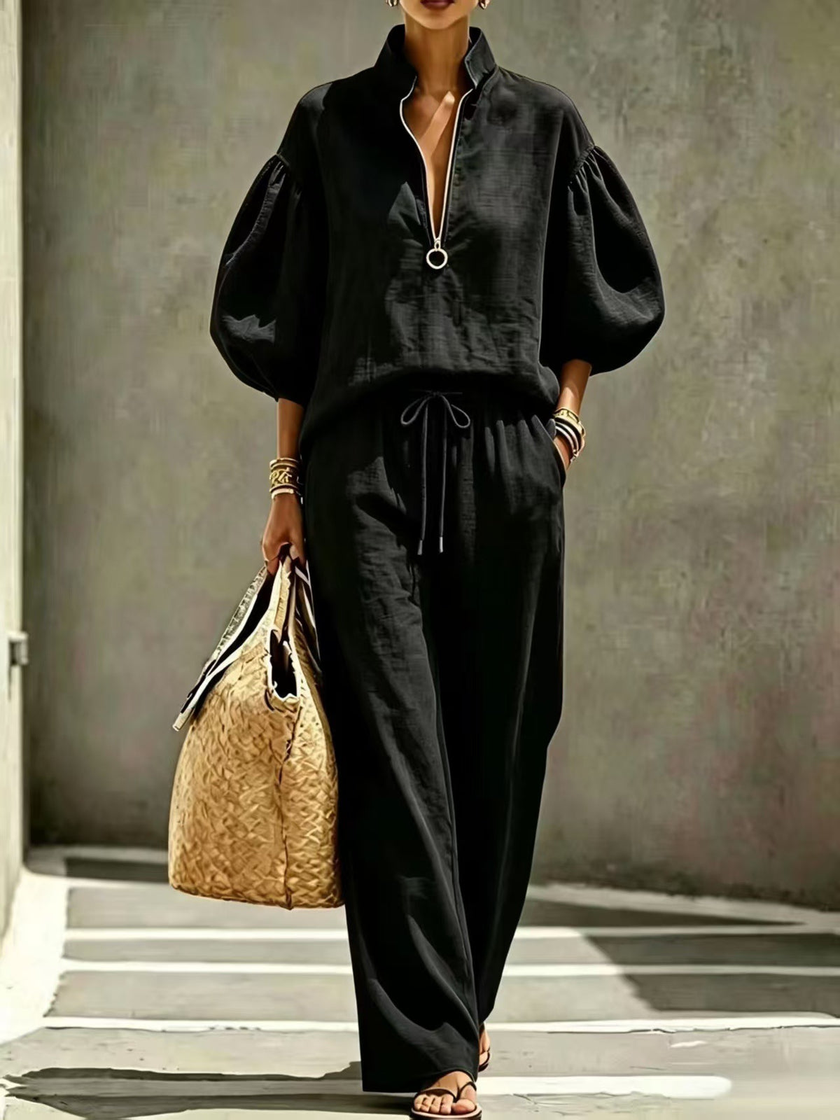 Women's Half-Zip Lantern Sleeve Casual Suit