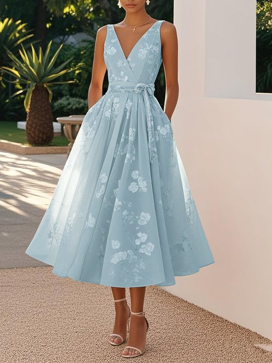Women's Digital Print V-Neck Sleeveless Dress