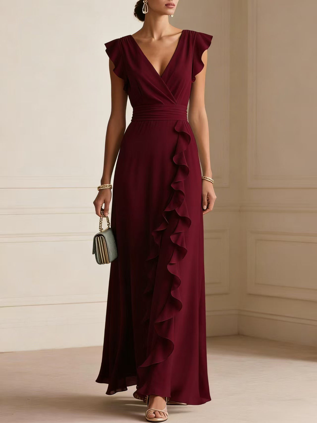 Women's Ruched V-Neck Chiffon Dress