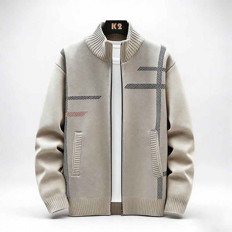 Men's Fleece-Lined Stand Collar Cardigan Sweater