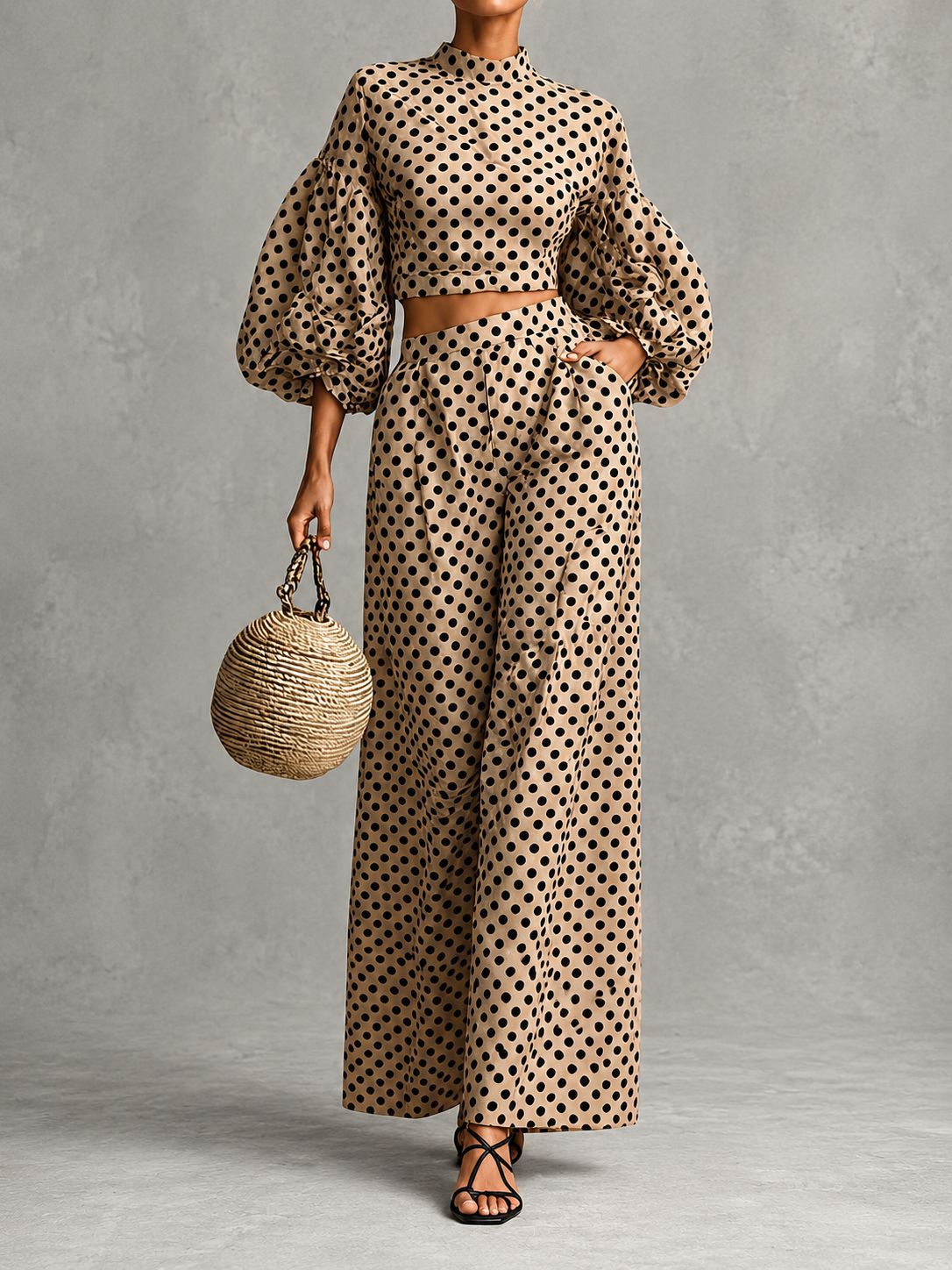 Women's Polka Dot Puff Sleeve Top and Wide-Leg Pants Set