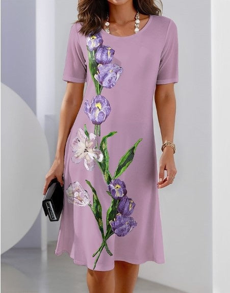 Women's 3D Floral Print Short Sleeve Princess Dress