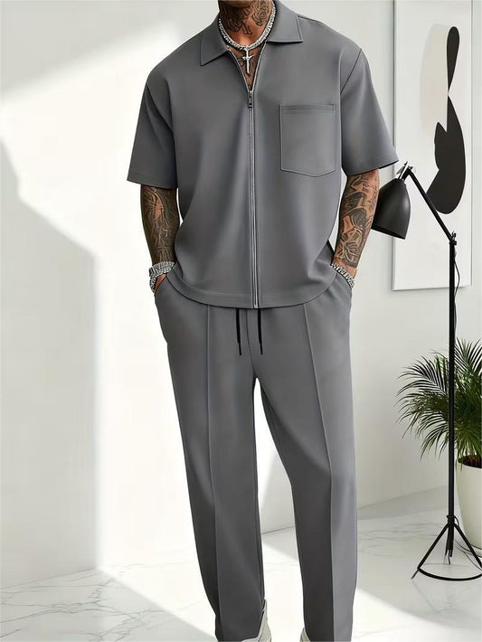 Men's Zip-Collar Short Sleeve and Pants Set