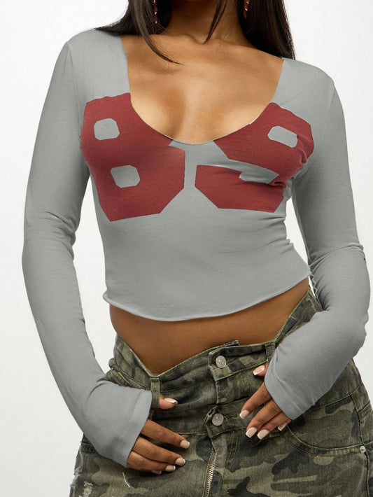 Letter Print U-Neck Long Sleeve Crop Top
