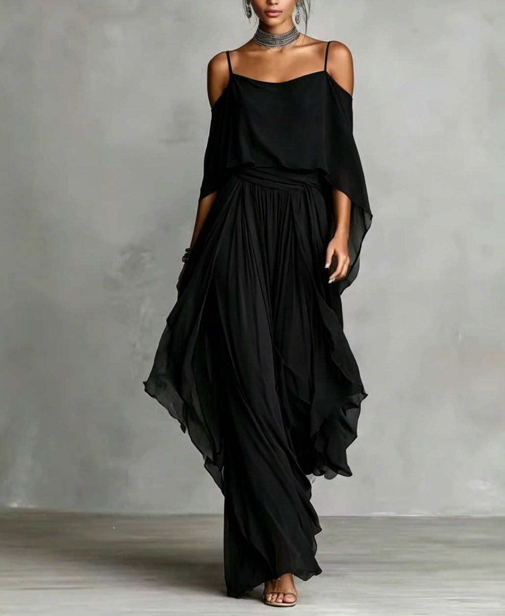 Women's Chiffon Off-Shoulder Top and Wide-Leg Pants Set