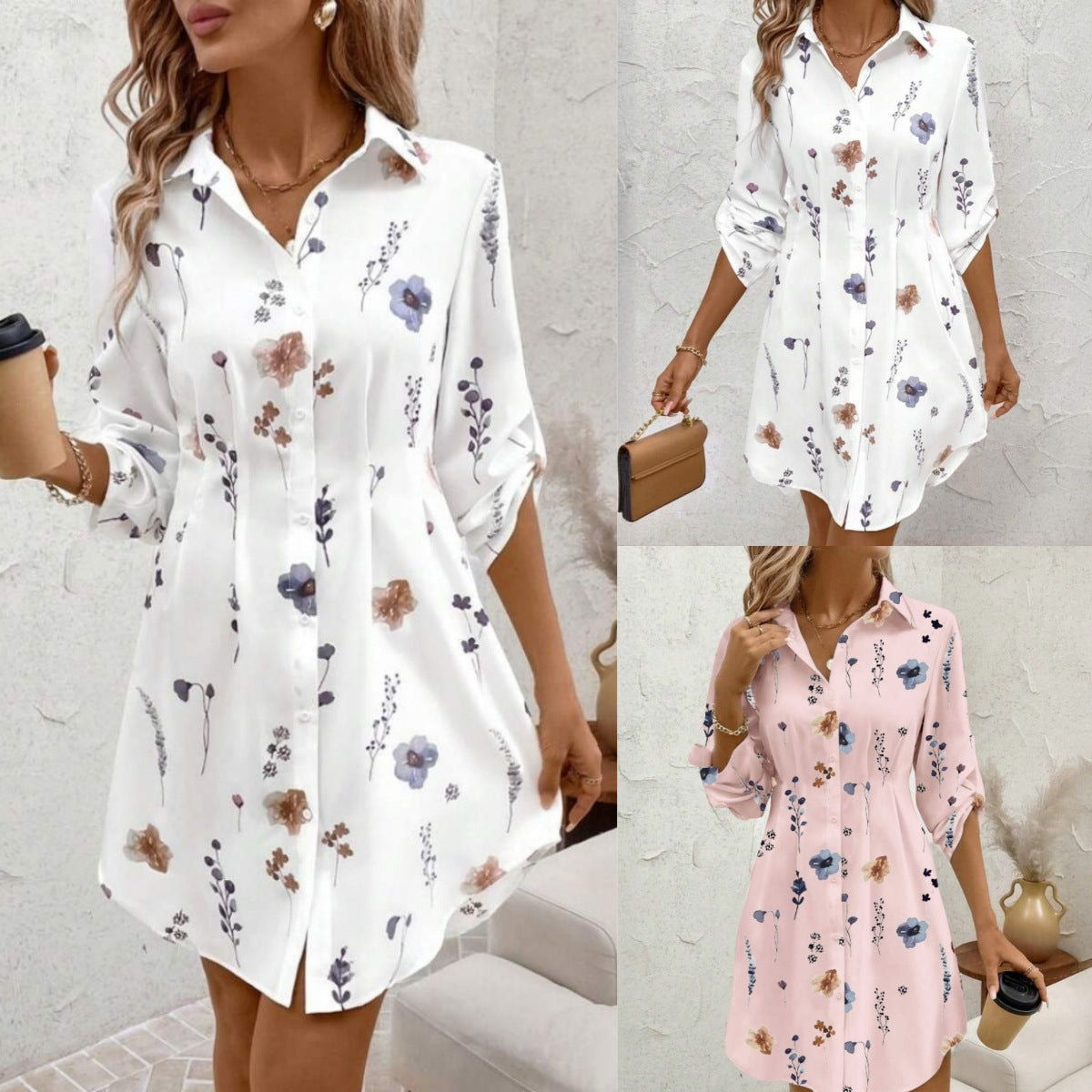 Women's Floral Print Lapel Long Sleeve Shirt Dress