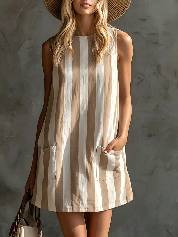 Women's Retro Striped Sleeveless Round Neck Tank Dress