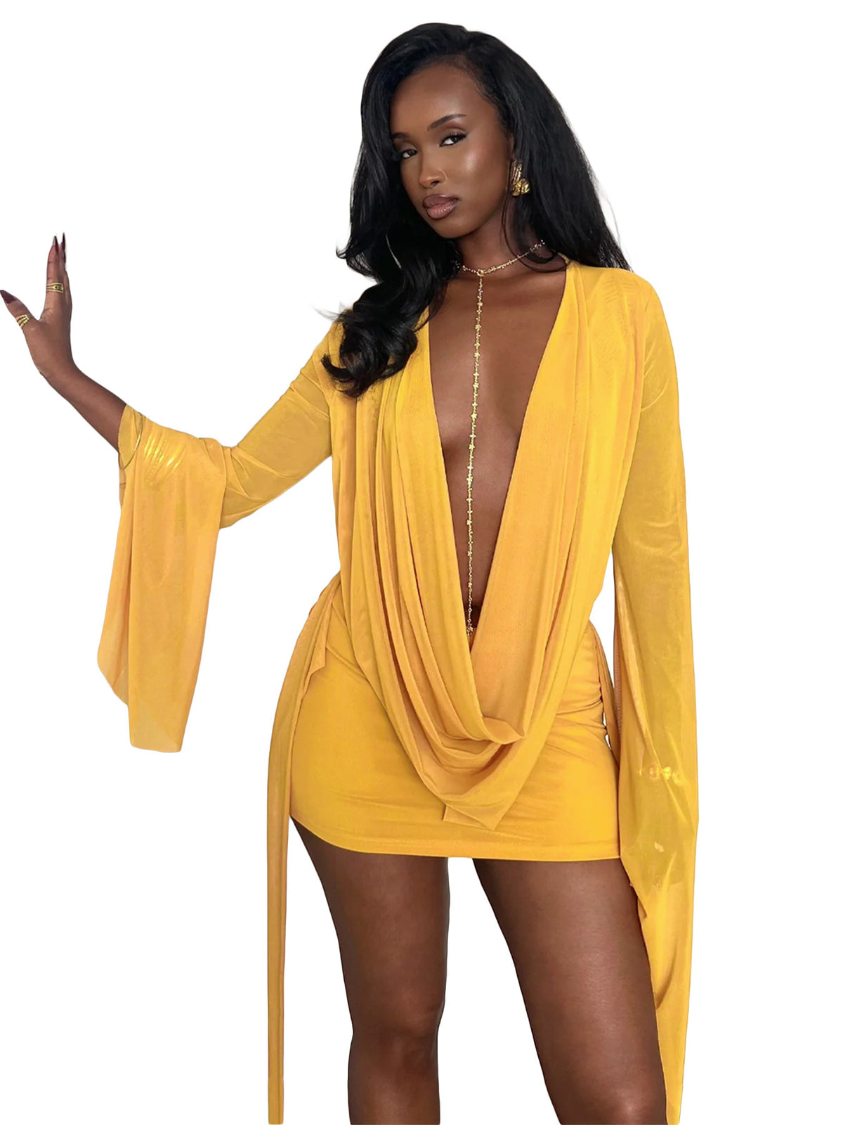 Women's Mesh Deep V-Neck Open Back Bodycon Dress