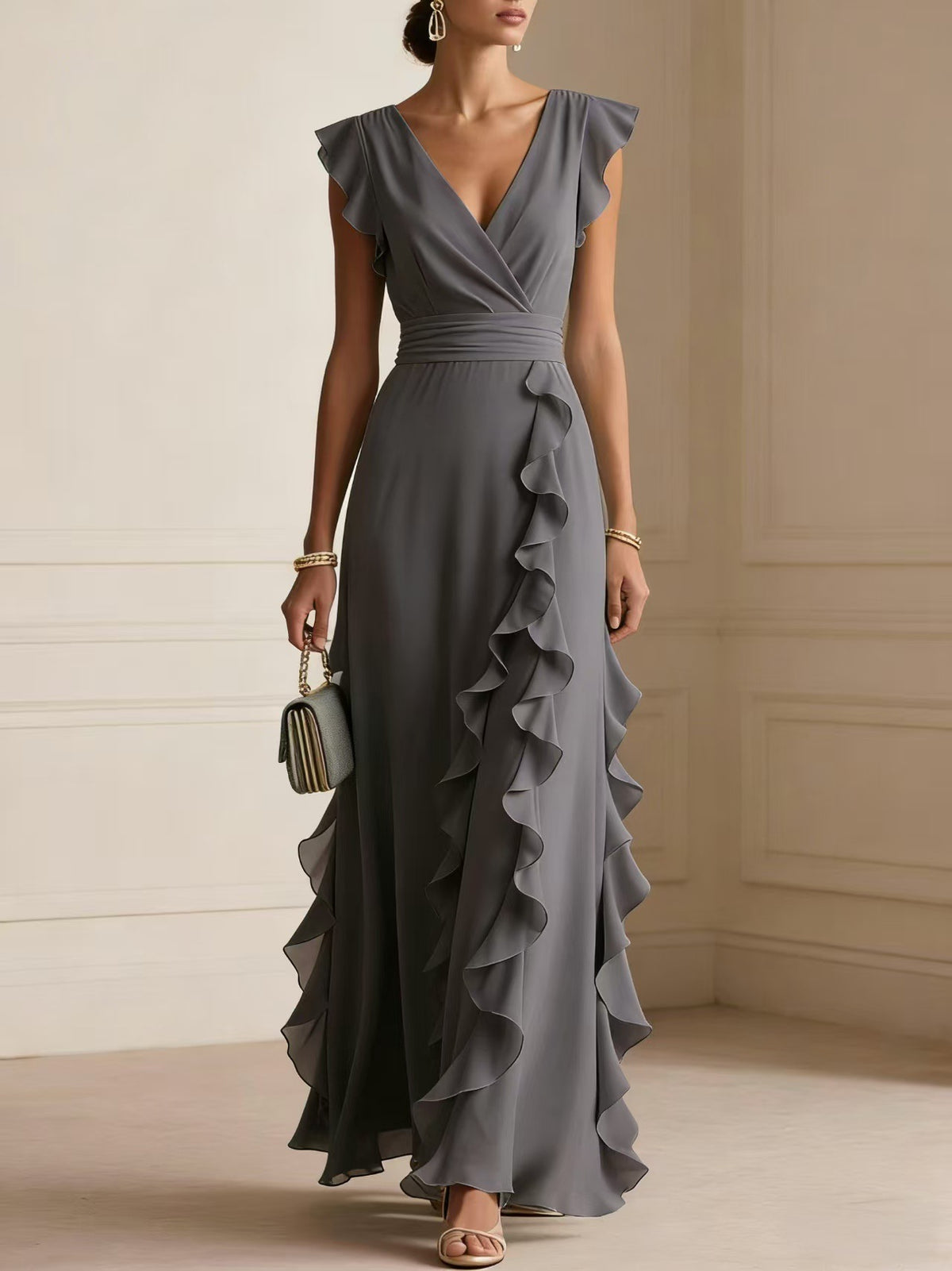 Women's Ruched V-Neck Chiffon Dress