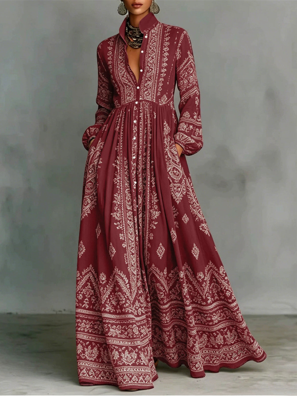 Women's Ethnic Print Long Sleeve Dress with Pockets
