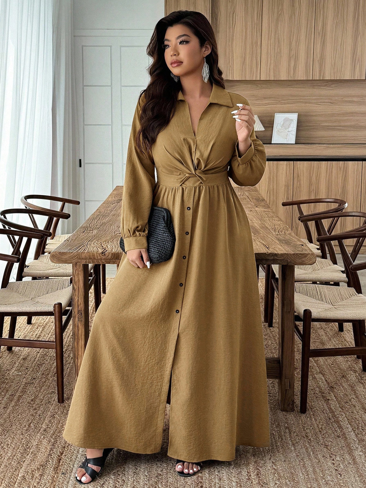 Women's V-Neck Drawstring High Waist Flared Dress