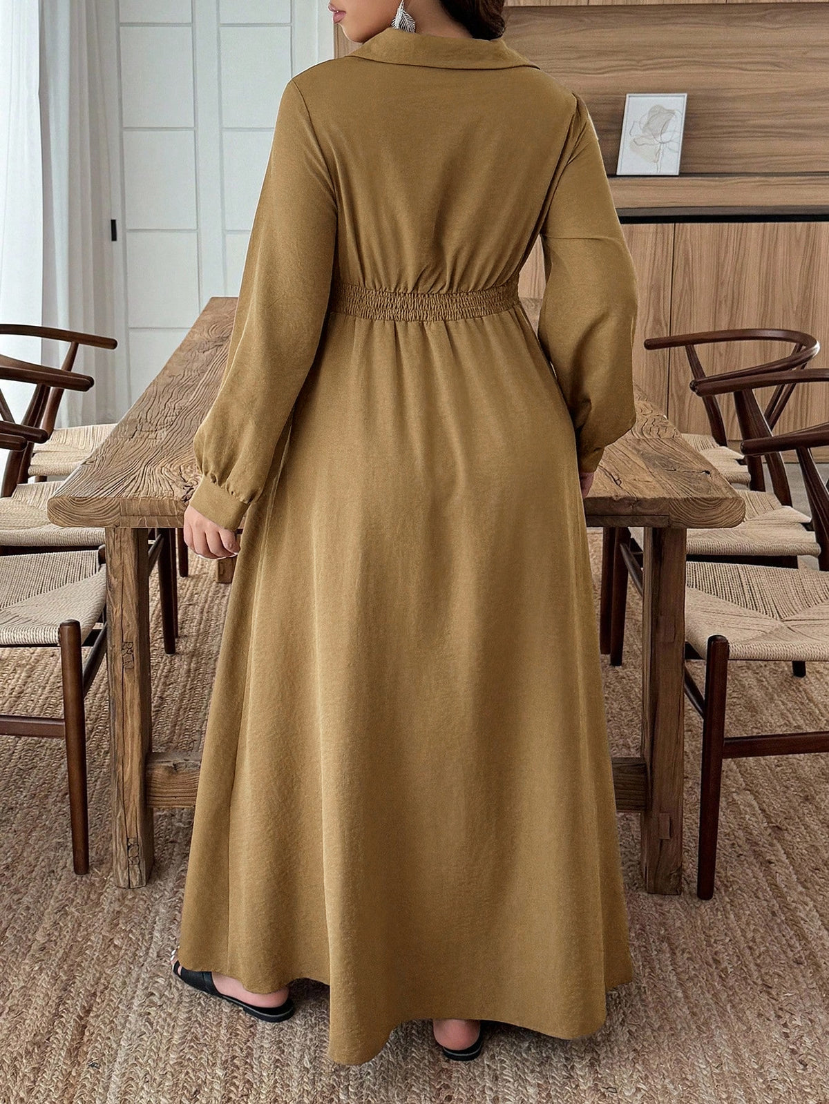 Women's V-Neck Drawstring High Waist Flared Dress