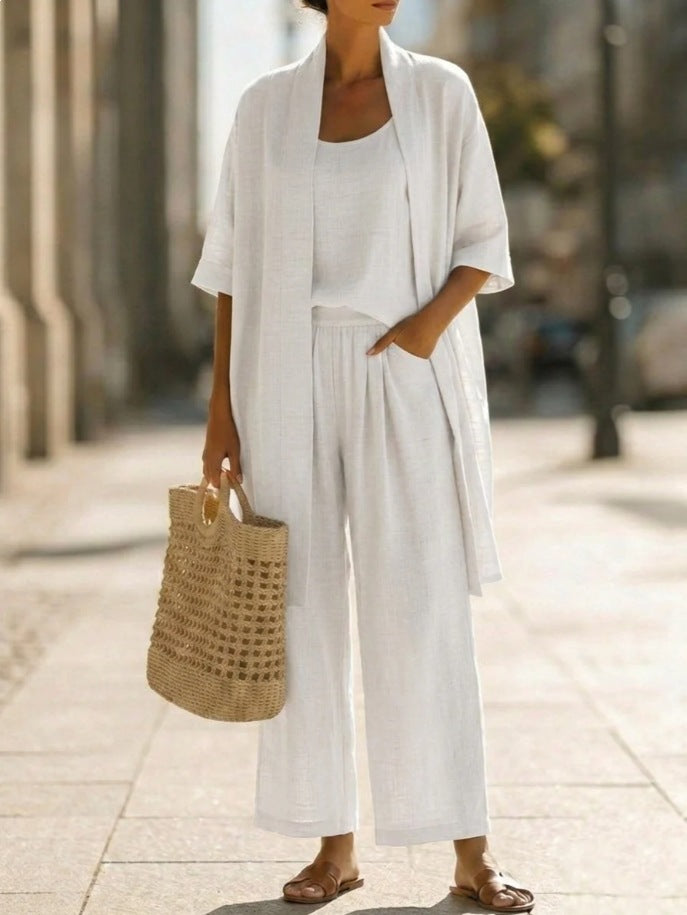 Women's Cotton-Linen Three-Piece Cardigan Set