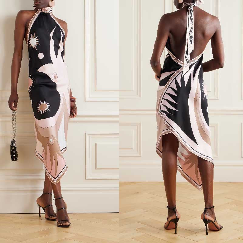 Women's Halter Backless Printed Satin Dress