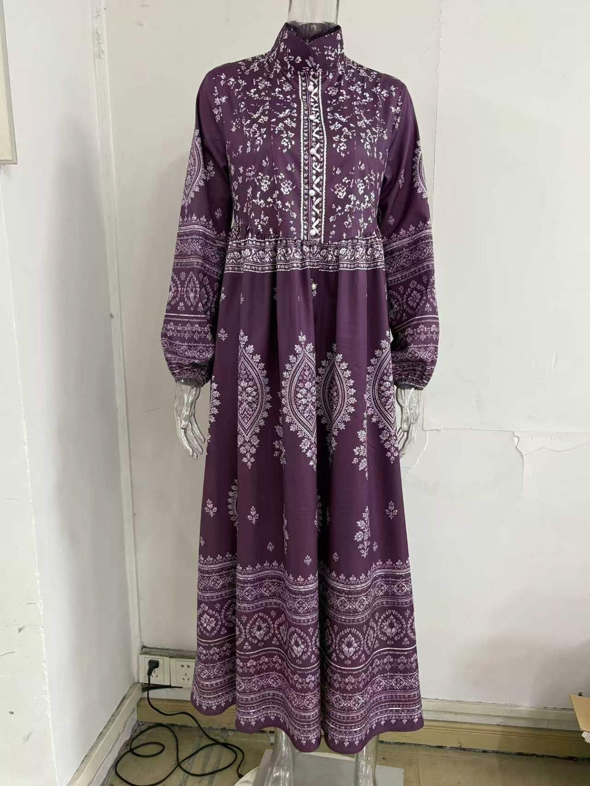 Women's Ethnic Print Long Sleeve Dress with Pockets