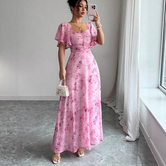 Women's Floral Print Chiffon Midi Dress with Lotus Sleeves