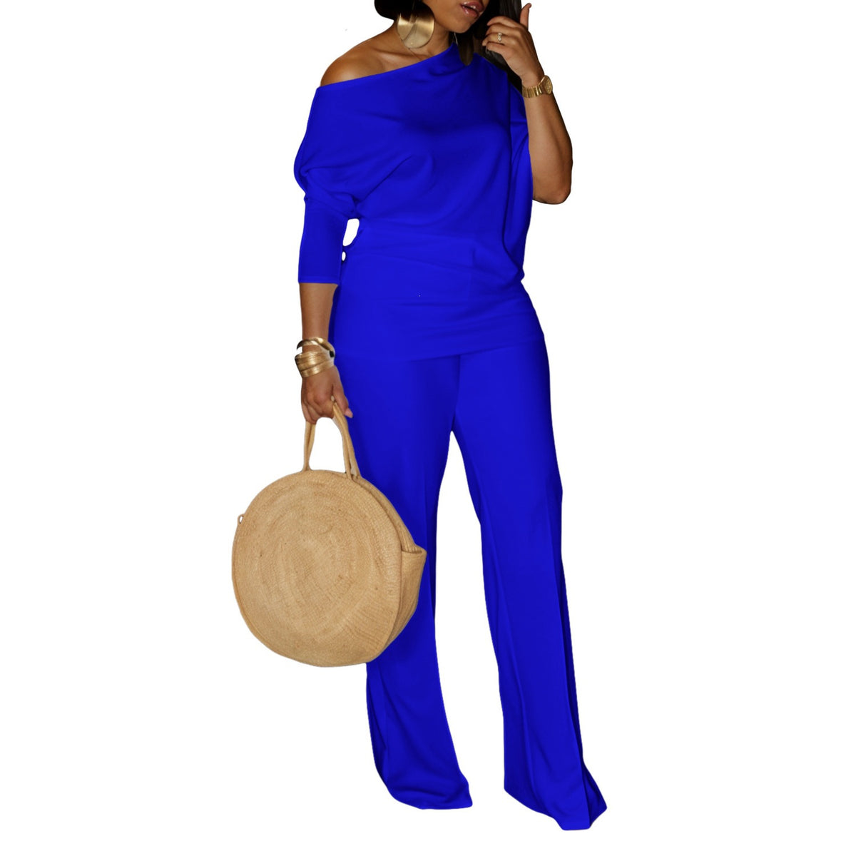 Women's Asymmetrical Neck Top and Wide-Leg Pants Set