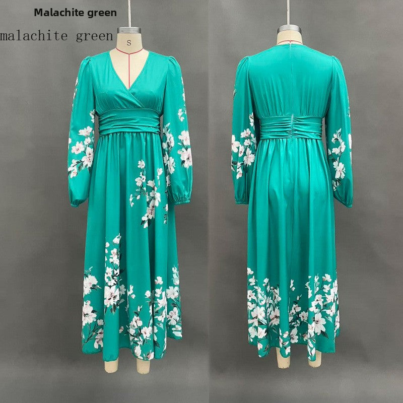 Women's Floral Print V-Neck Long Sleeve A-Line Maxi Dress